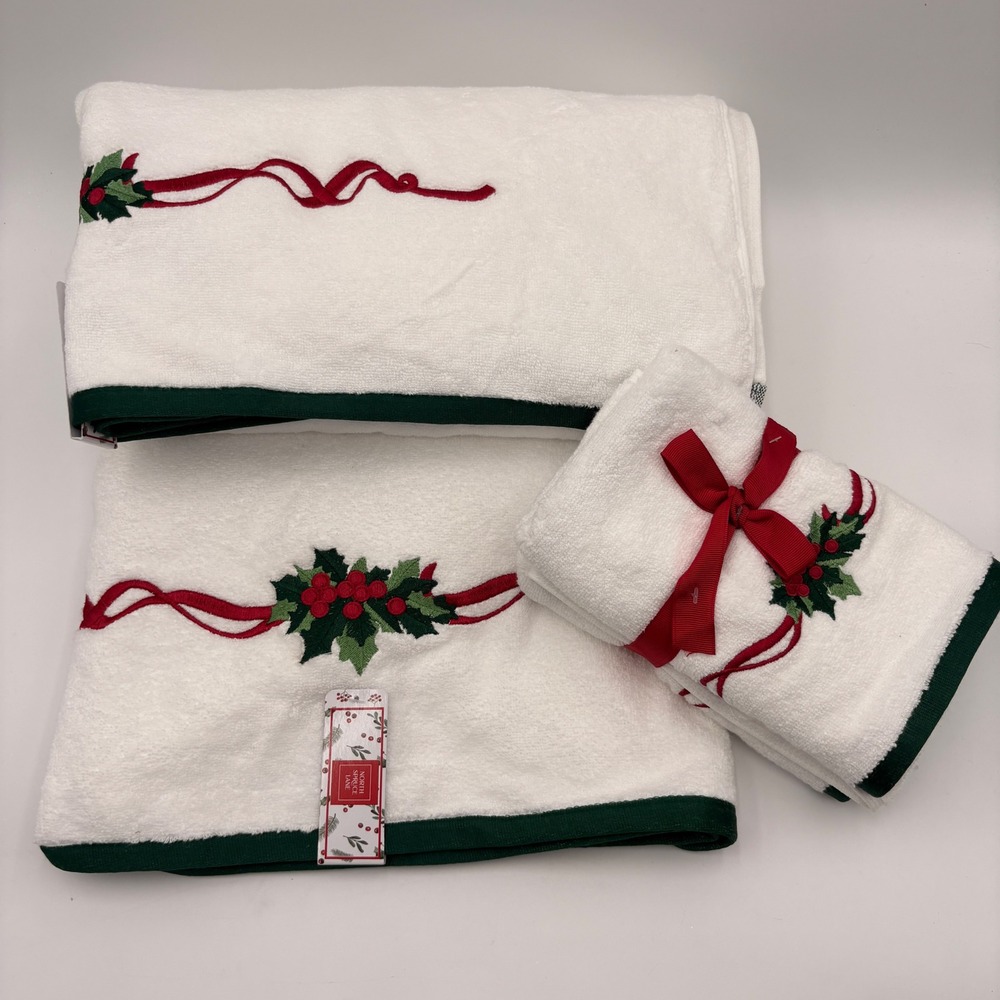 North Spruce Lane Christmas Holly Embroidered Cotton Towel Set 4pc White Green